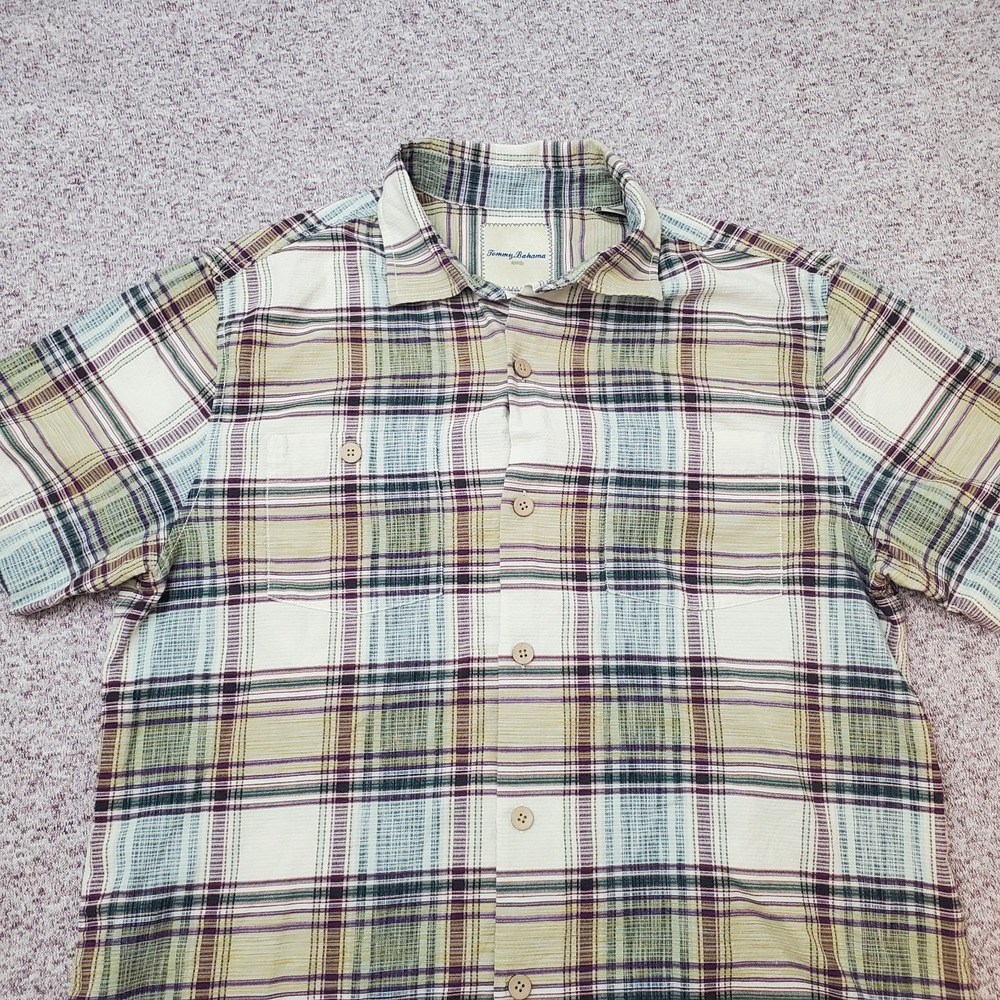 Tommy Bahama Mens Shirt Silk Blend Button Down Short Sleeve Tartan Plaid Medium
